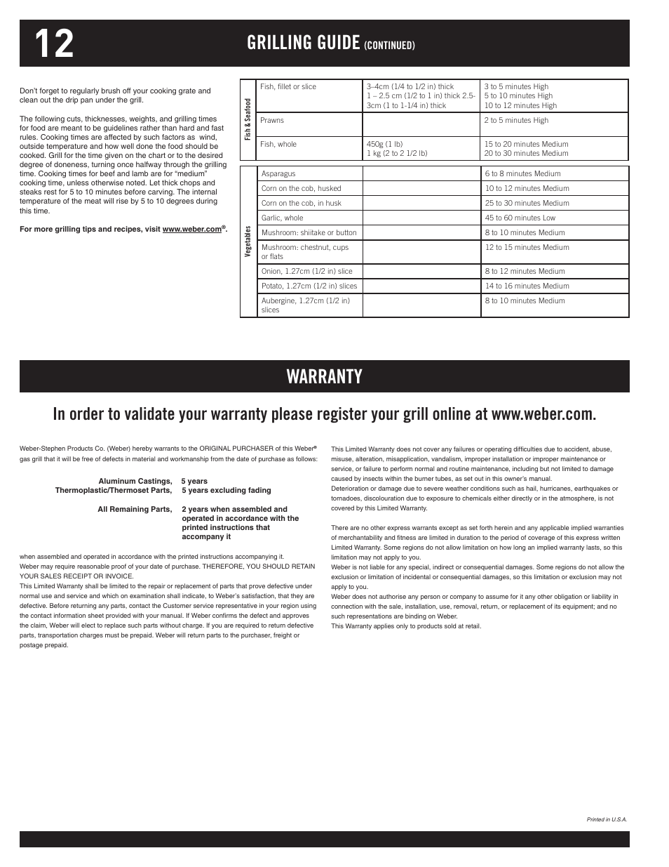 Grilling guide, Warranty | weber 100 User Manual | Page 12 / 12