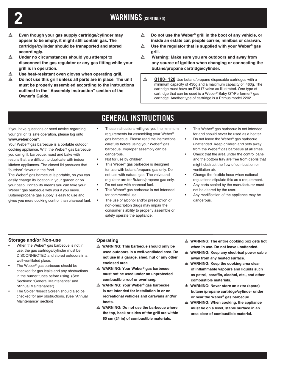 Warnings, General instructions | weber 100 User Manual | Page 2 / 12