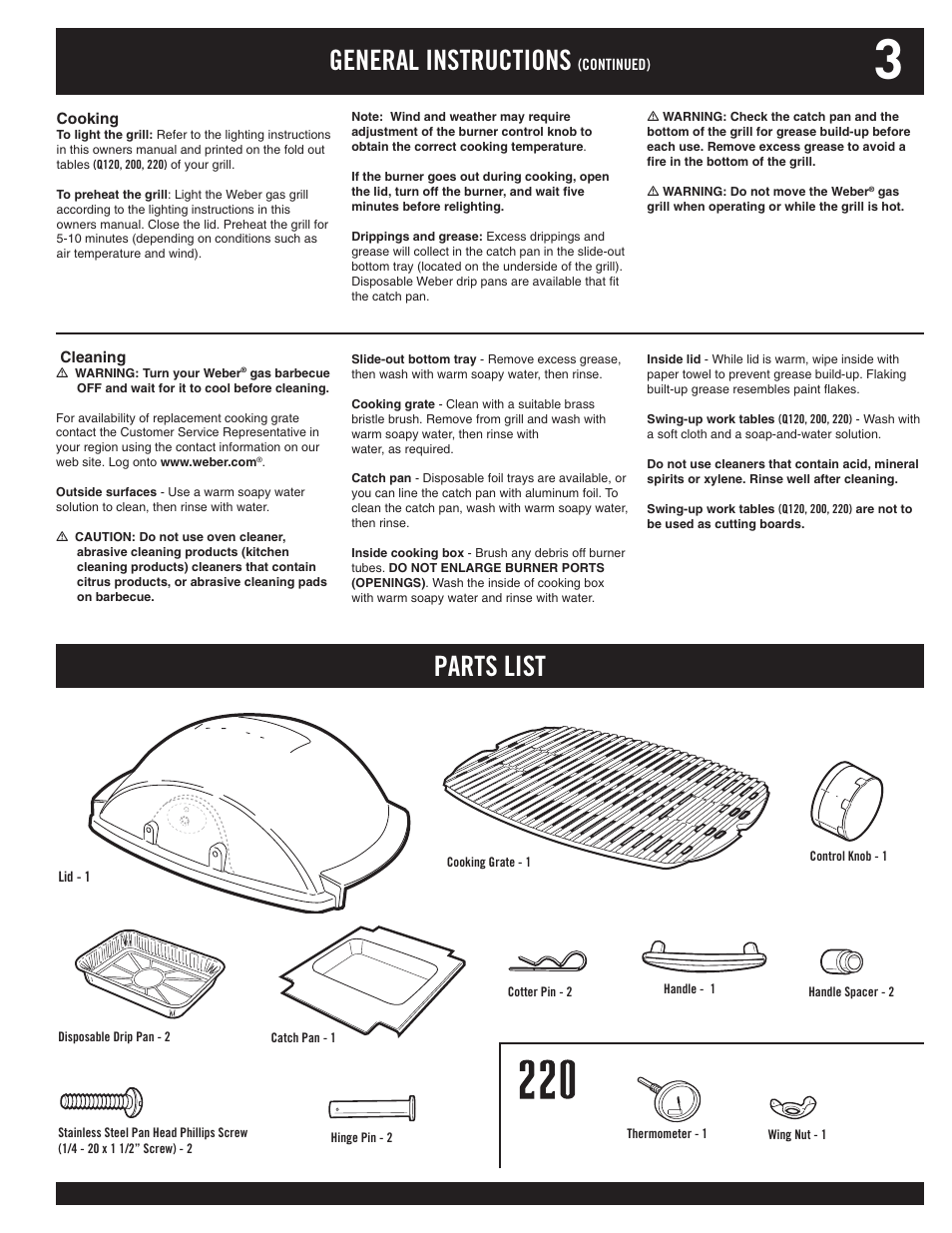 General instructions, Parts list | weber 100 User Manual | Page 3 / 12