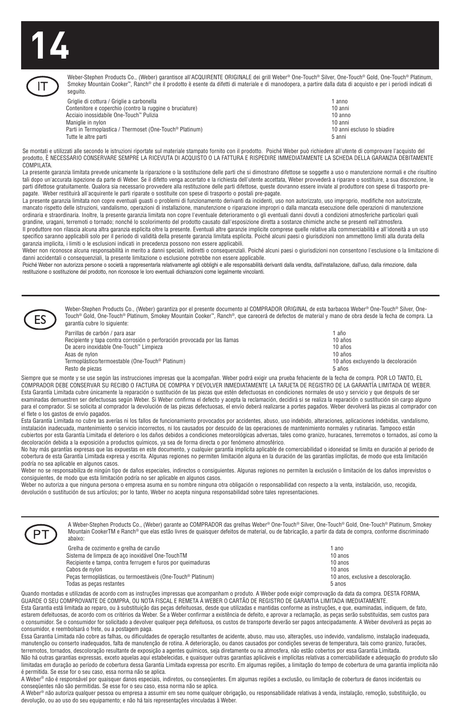 weber ONE-TOUCH GOLD 30792 User Manual | Page 14 / 16
