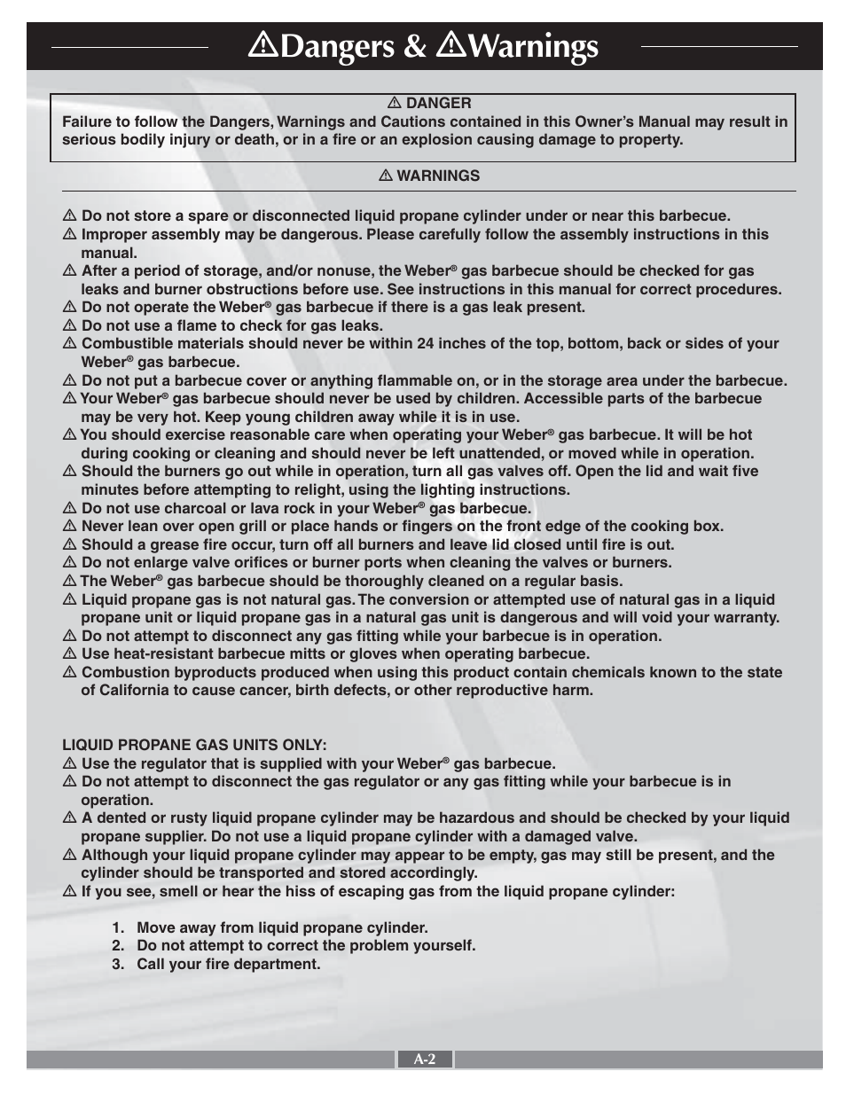Ƽ dangers & ƽ warnings | weber LPG Gas Grill User Manual | Page 2 / 29