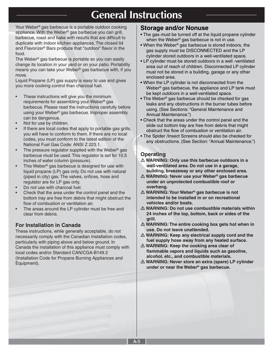 General instructions, Storage and/or nonuse, For installation in canada | Operating | weber LPG Gas Grill User Manual | Page 5 / 29