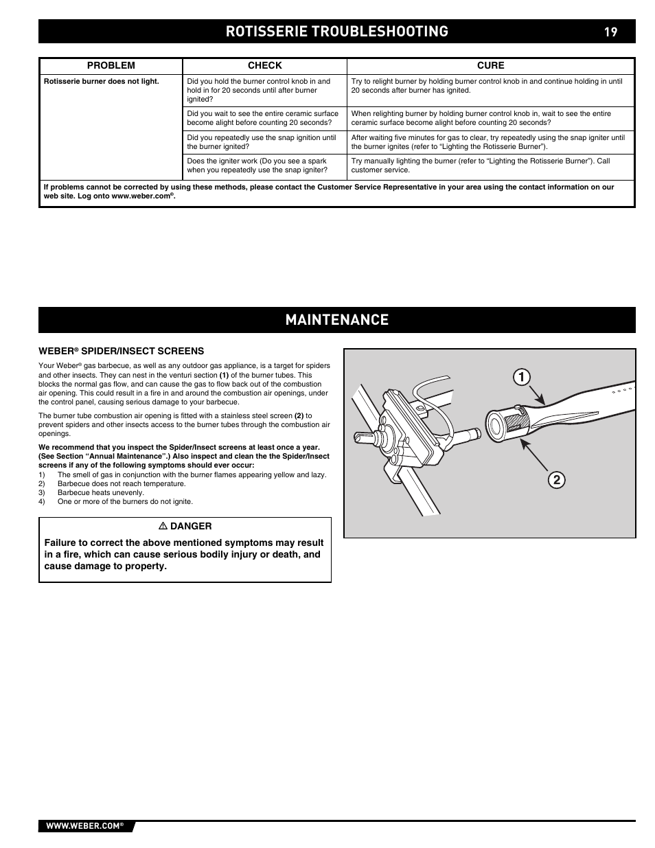 Rotisserie troubleshooting, Maintenance | weber 43146 User Manual | Page 19 / 24