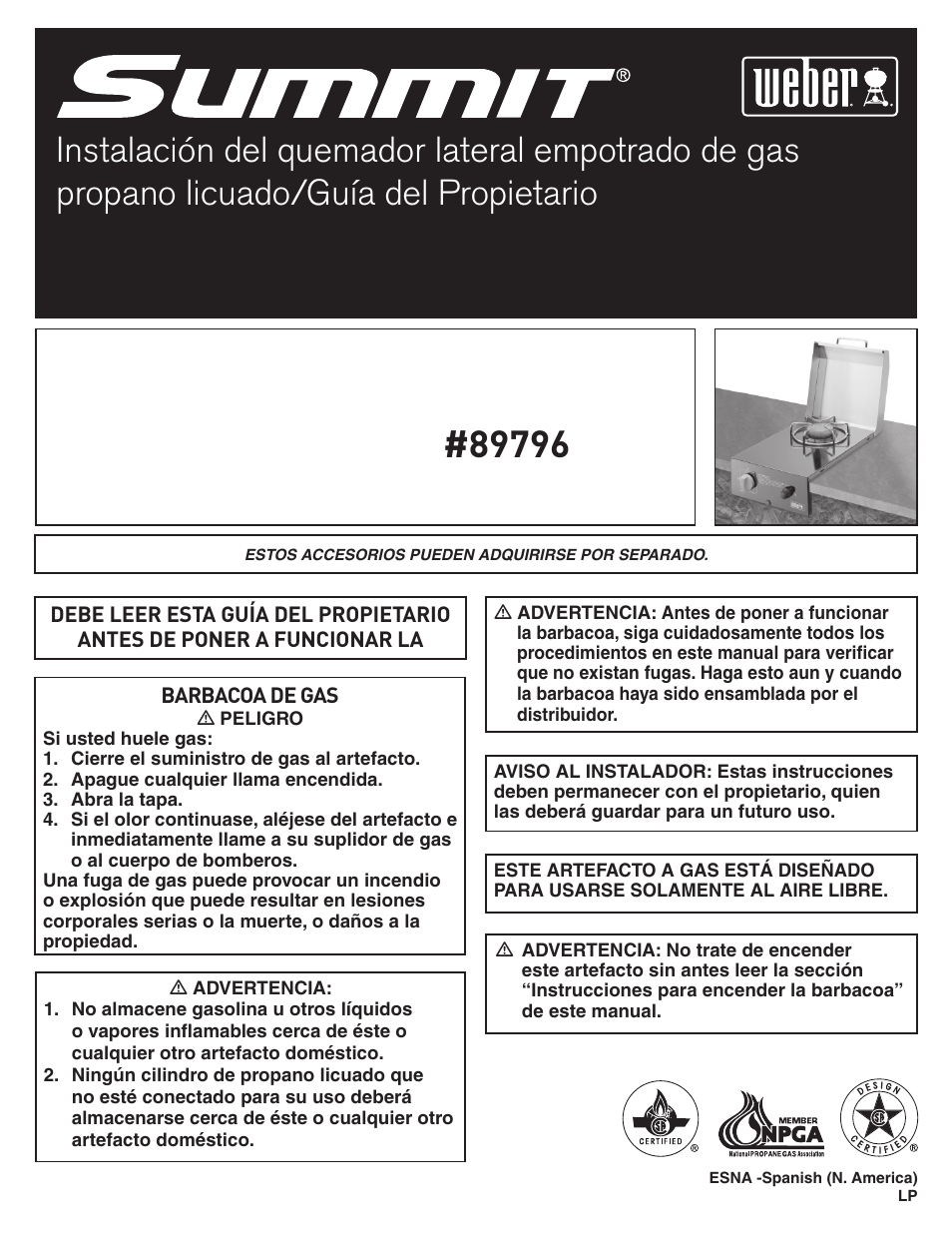 Built-in lp side burner installation/owner's guide | weber 89796 User Manual | Page 15 / 44