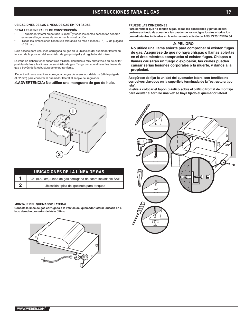 21 instrucciones para el gas, Ubicaciones de la línea de gas | weber 89796 User Manual | Page 19 / 44