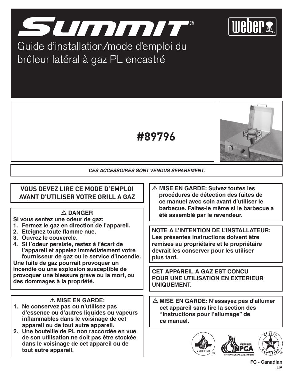 Built-in lp side burner installation/owner's guide | weber 89796 User Manual | Page 29 / 44