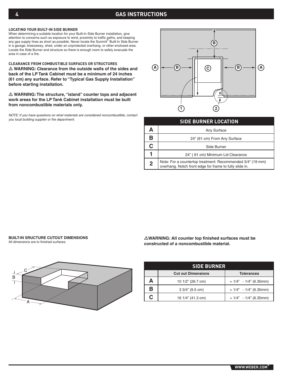 Gas instructions, Side burner location | weber 89796 User Manual | Page 4 / 44