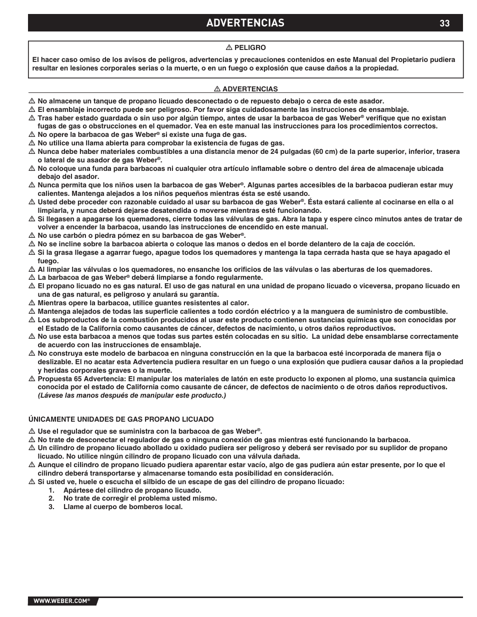 Dangers and warnings, Advertencias | weber SUMMIT S-670 User Manual | Page 33 / 92