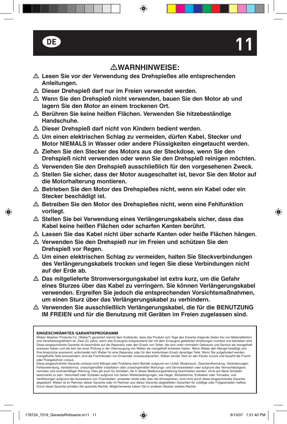 Warnhinweise | weber E/S Series User Manual | Page 11 / 40