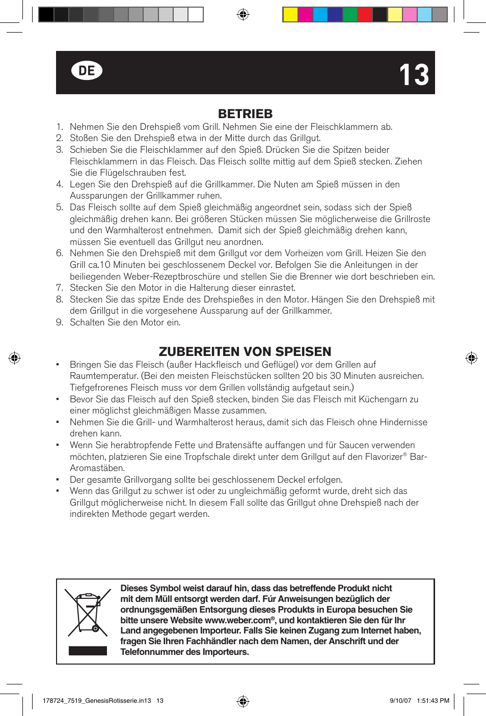 Betrieb, Zubereiten von speisen | weber E/S Series User Manual | Page 13 / 40