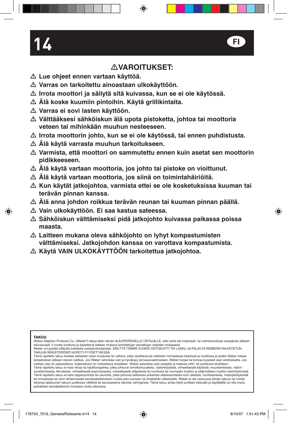 Varoitukset | weber E/S Series User Manual | Page 14 / 40