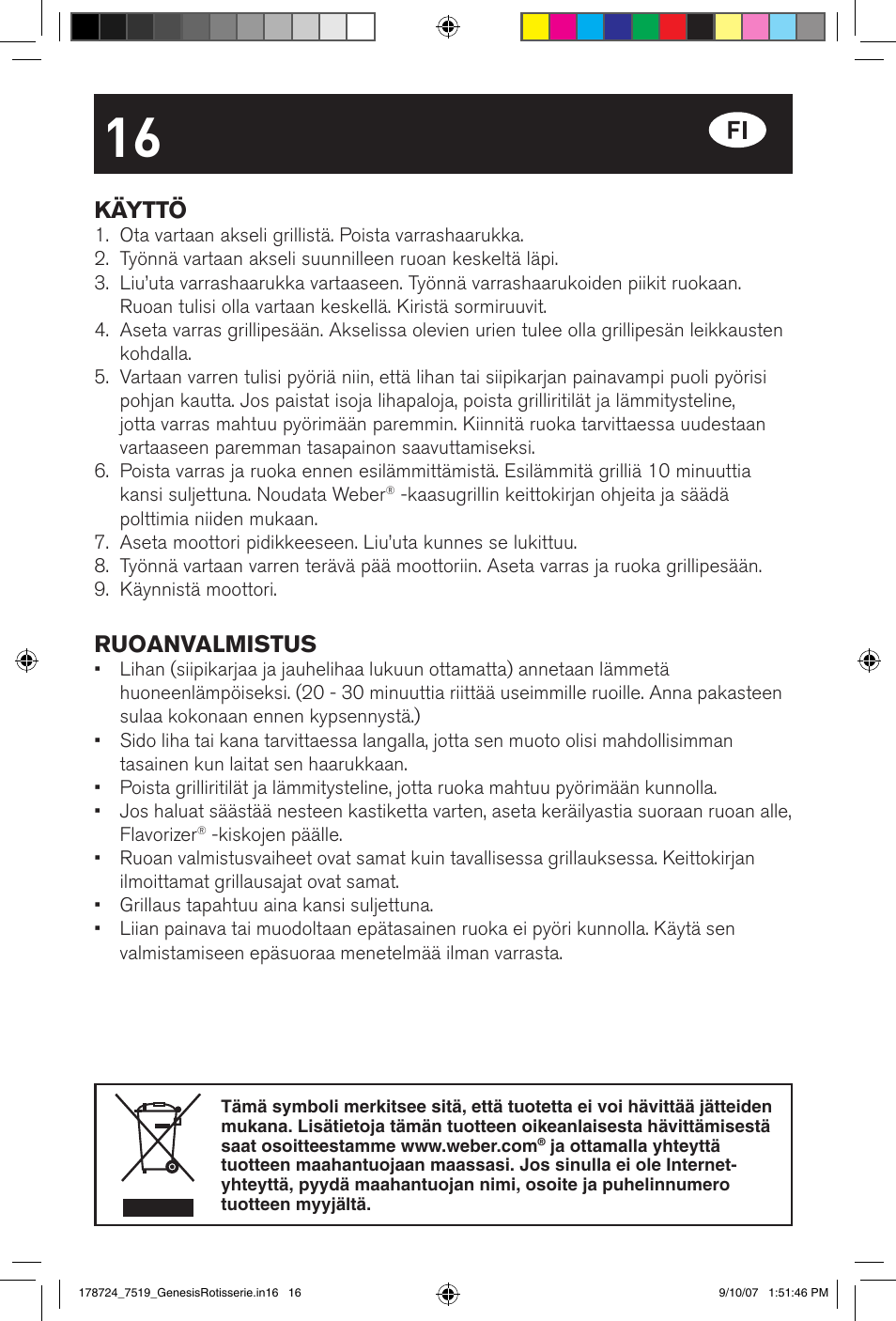 Käyttö, Ruoanvalmistus | weber E/S Series User Manual | Page 16 / 40