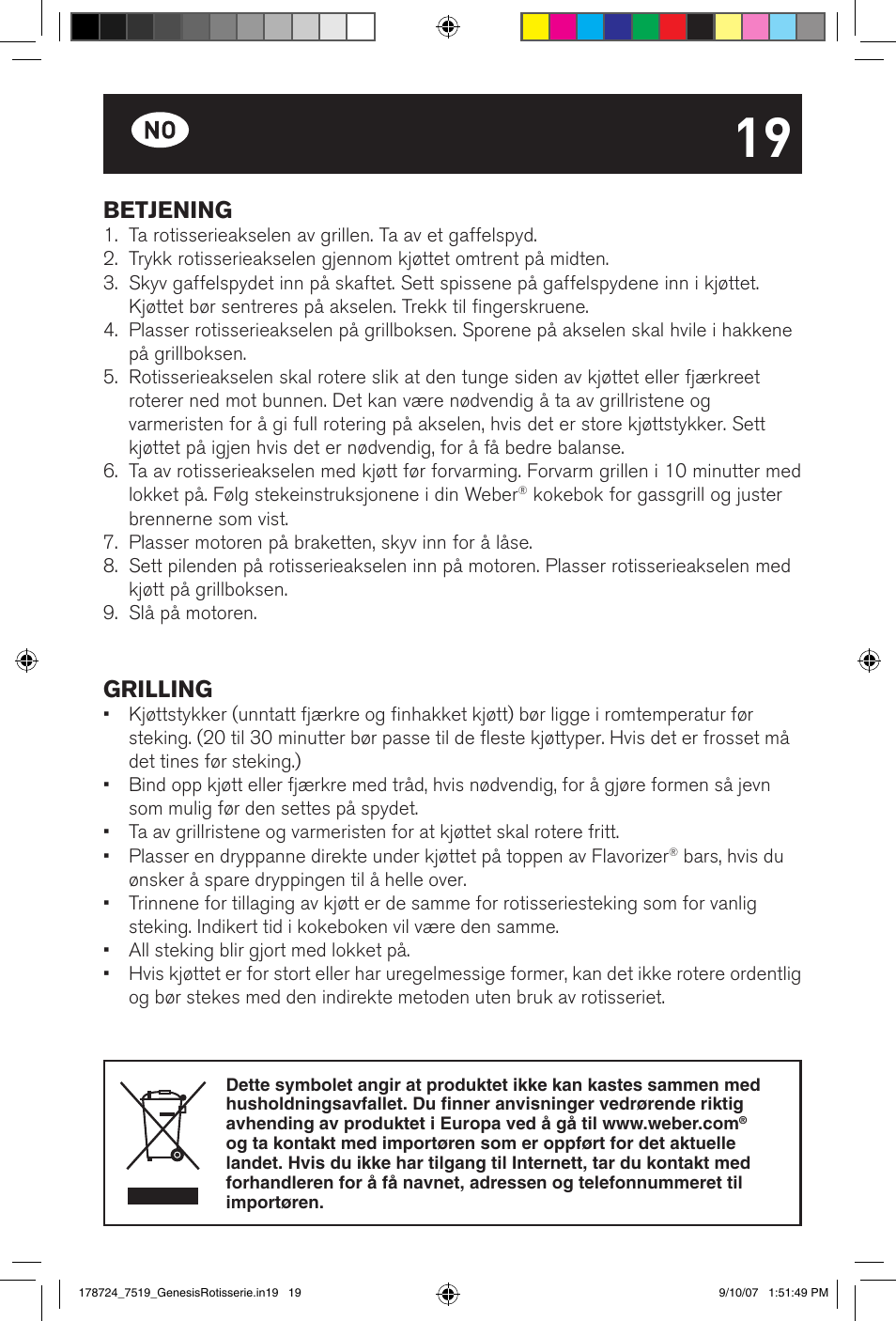Betjening, Grilling | weber E/S Series User Manual | Page 19 / 40