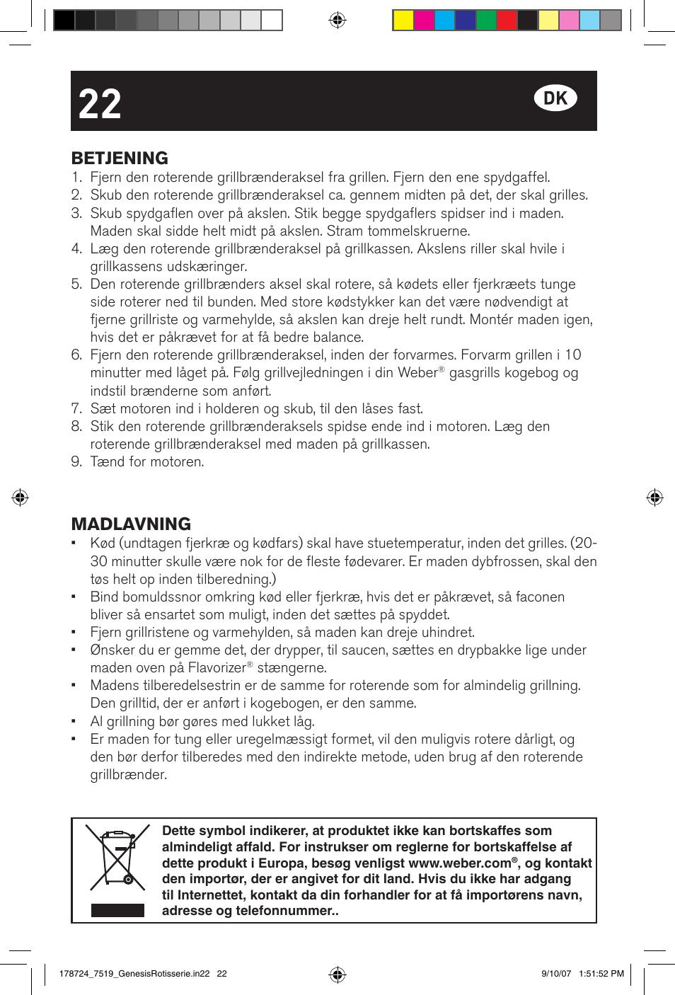 Betjening, Madlavning | weber E/S Series User Manual | Page 22 / 40