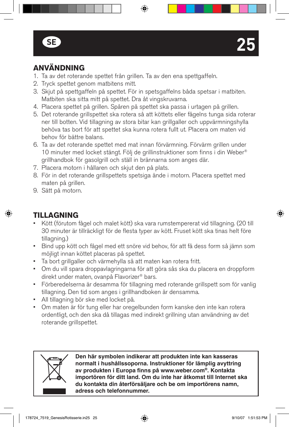 Användning, Tillagning | weber E/S Series User Manual | Page 25 / 40