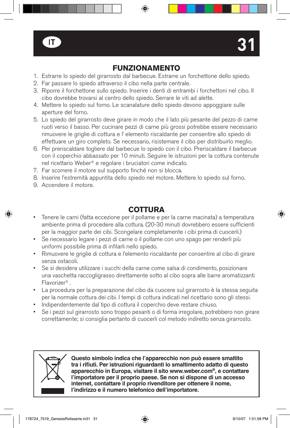 Funzionamento, Cottura | weber E/S Series User Manual | Page 31 / 40