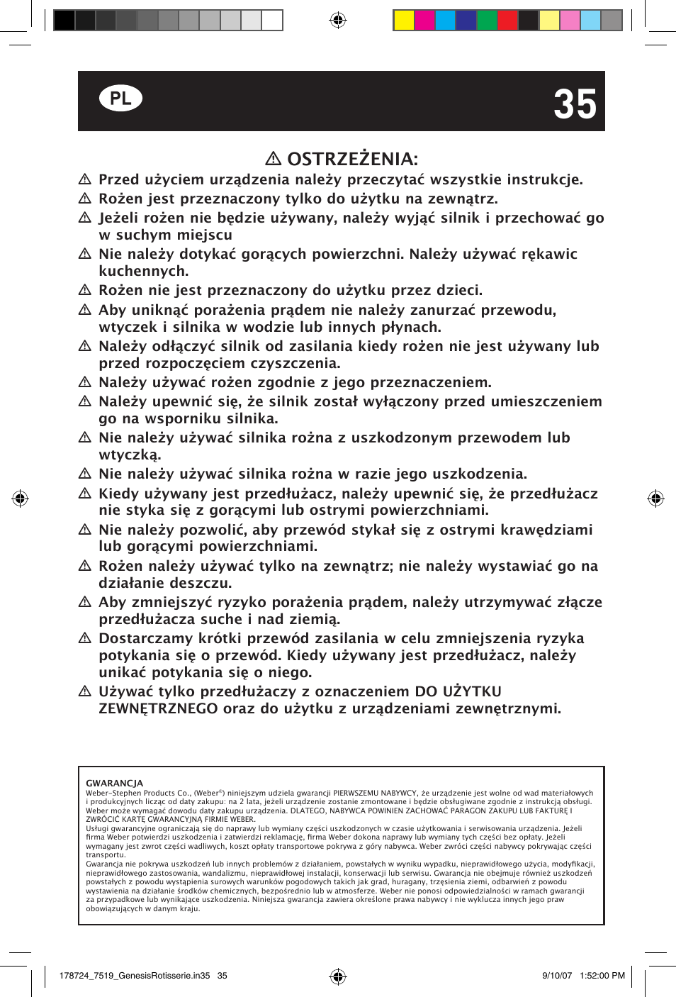 Ostrzeżenia | weber E/S Series User Manual | Page 35 / 40