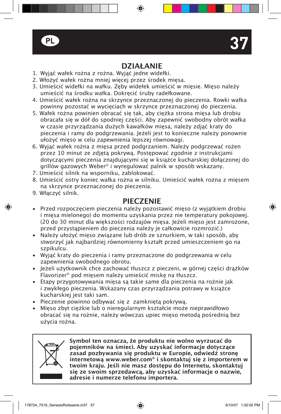 Działanie, Pieczenie | weber E/S Series User Manual | Page 37 / 40