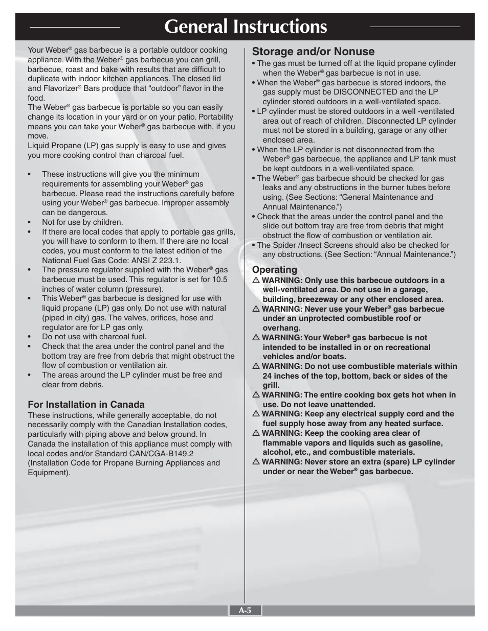 General instructions, Storage and/or nonuse, For installation in canada | Operating | weber 55260 User Manual | Page 5 / 32
