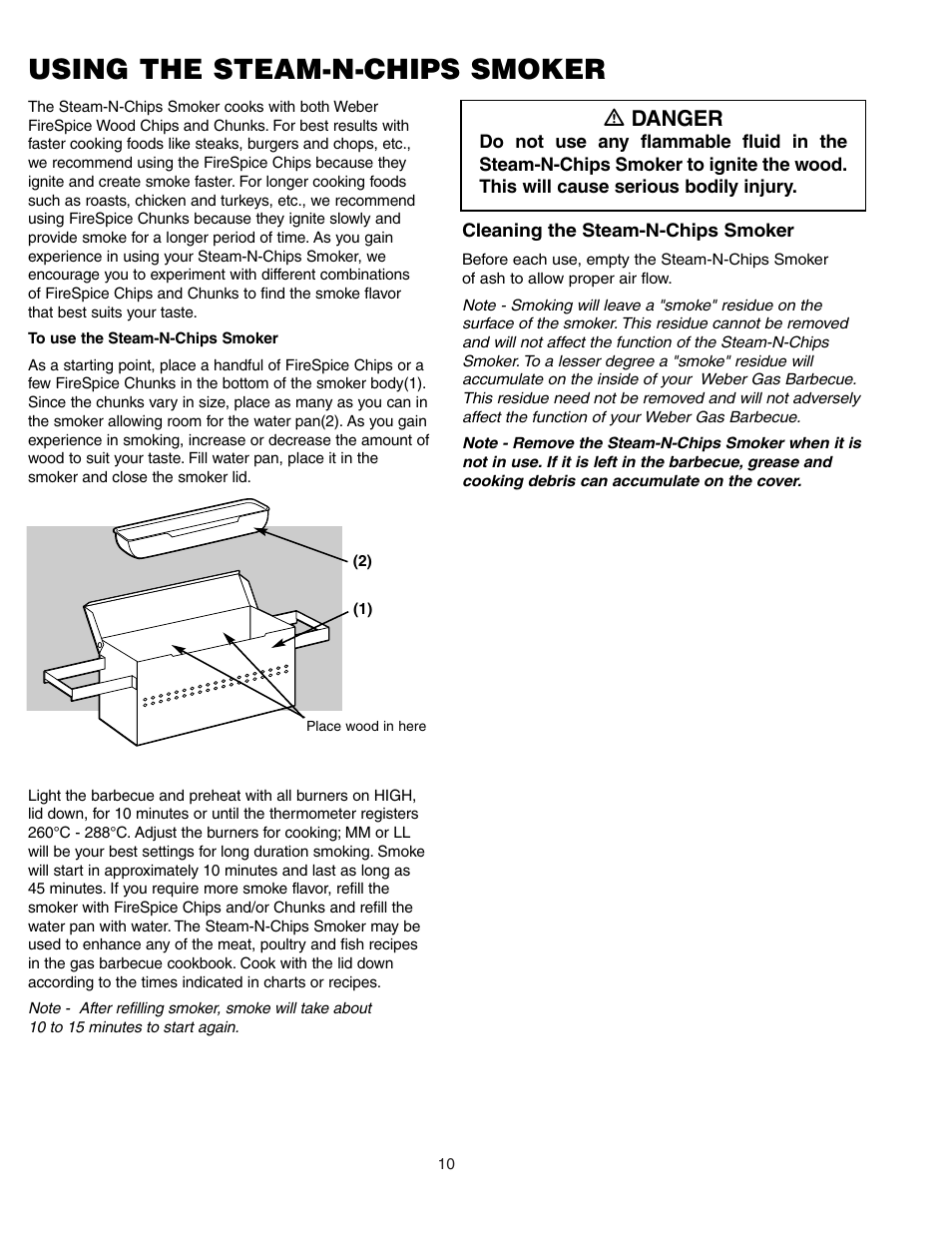 Using the steam-n-chips smoker, Ƽ danger | weber SUMMIT 450 User Manual | Page 10 / 18