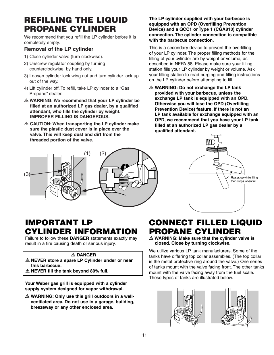 Refilling the liquid propane cylinder, Important lp cylinder information, Connect filled liquid propane cylinder | weber SUMMIT 450 User Manual | Page 11 / 18