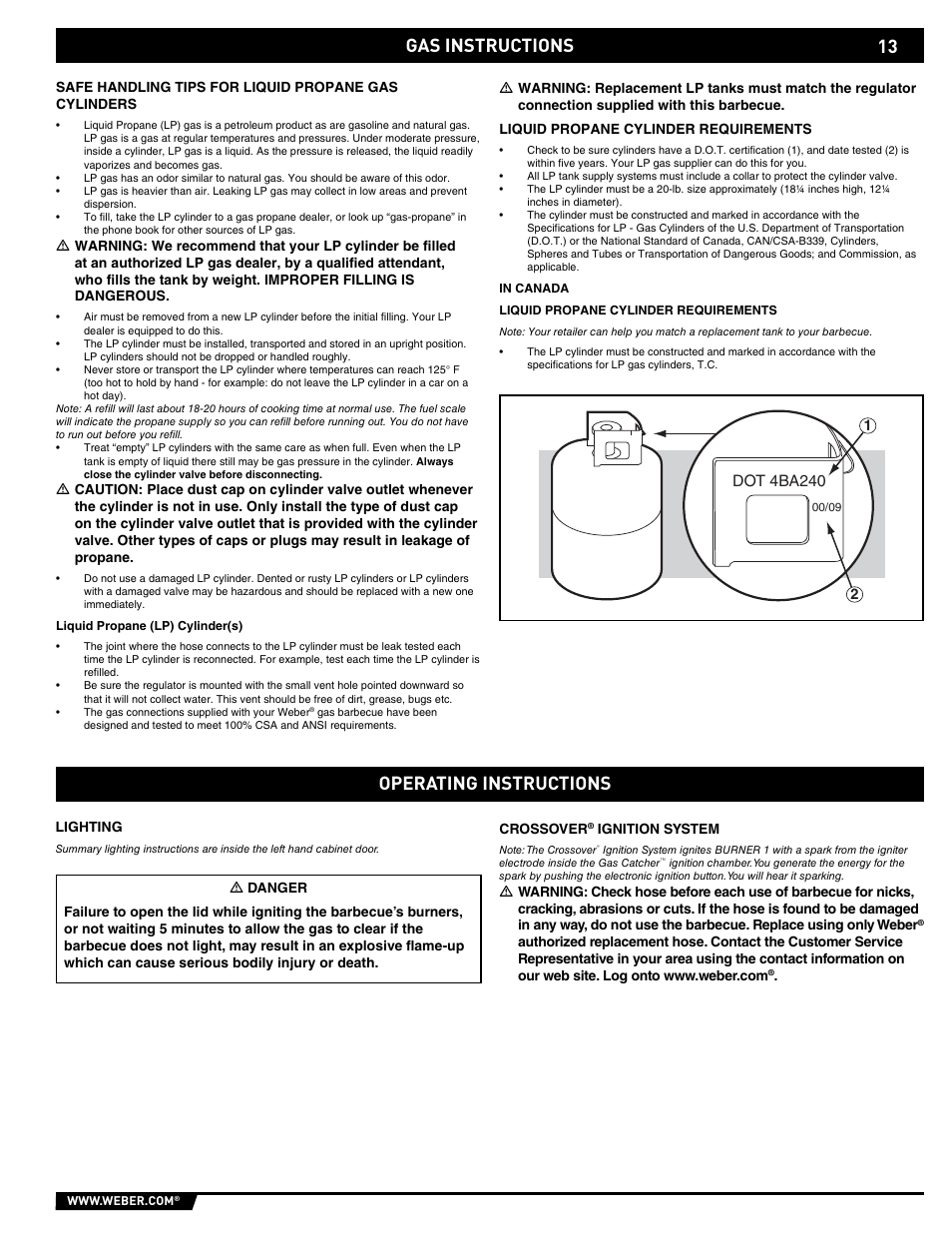 Gas instructions, Operating instructions | weber E/EP - 210/310 User Manual | Page 13 / 48