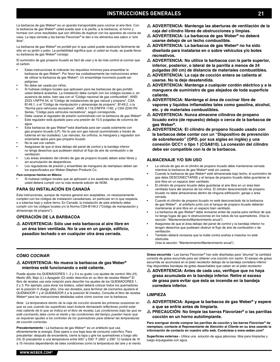 General instructions, Instrucciones generales | weber E/EP - 210/310 User Manual | Page 21 / 48
