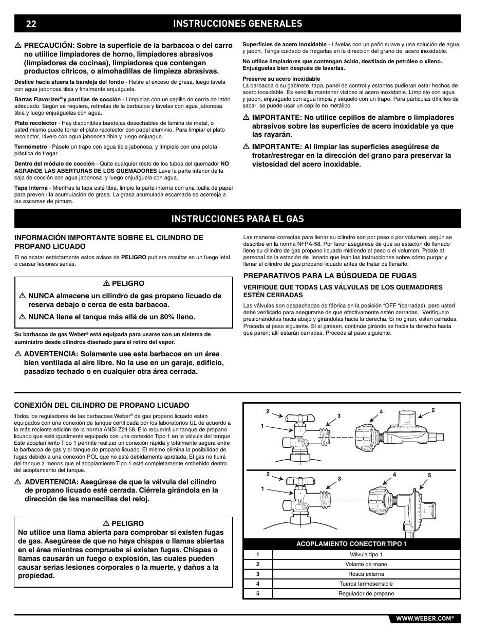General instructions, Instrucciones generales, Instrucciones para el gas | weber E/EP - 210/310 User Manual | Page 22 / 48