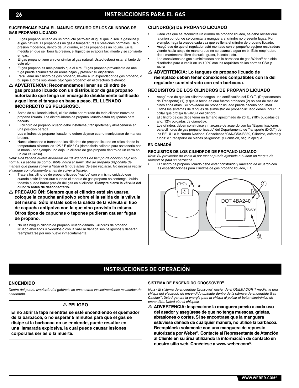 Gas instructions, Instrucciones para el gas, Instrucciones de operación | weber E/EP - 210/310 User Manual | Page 26 / 48