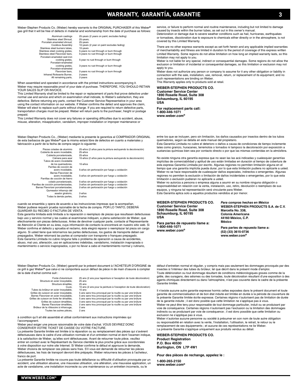 Warranty, Warranty, garantía, garantie | weber E/EP - 210/310 User Manual | Page 3 / 48