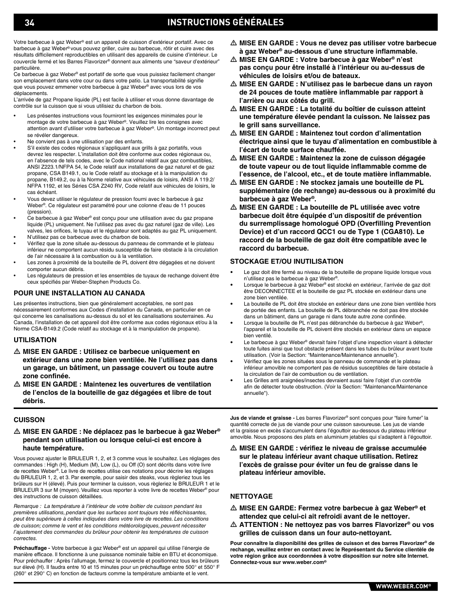 General instructions, Instructions générales | weber E/EP - 210/310 User Manual | Page 34 / 48