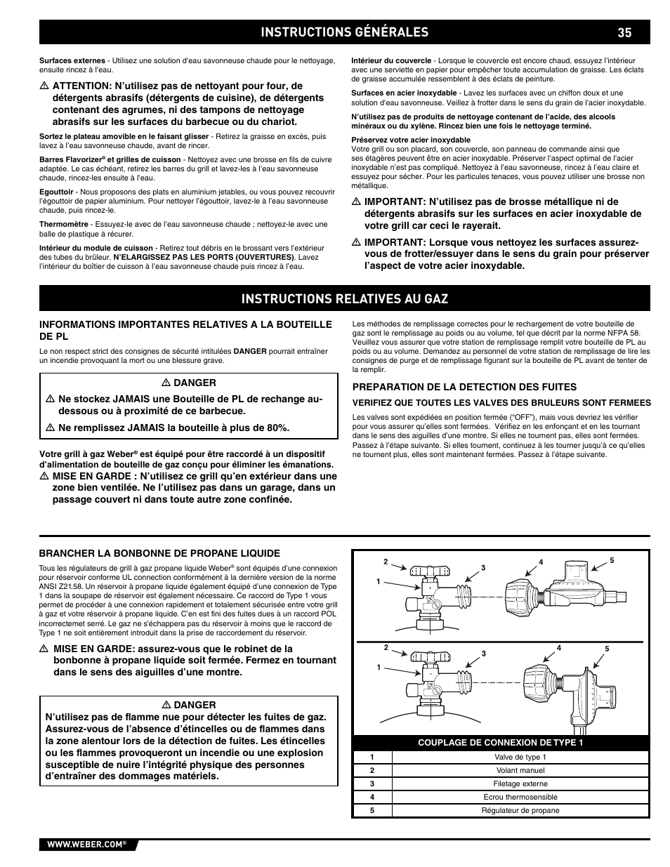 General instructions, Instructions générales, Instructions relatives au gaz | weber E/EP - 210/310 User Manual | Page 35 / 48