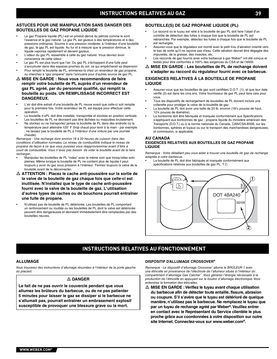 Gas instructions, Instructions relatives au gaz, Instructions relatives au fonctionnement | weber E/EP - 210/310 User Manual | Page 39 / 48