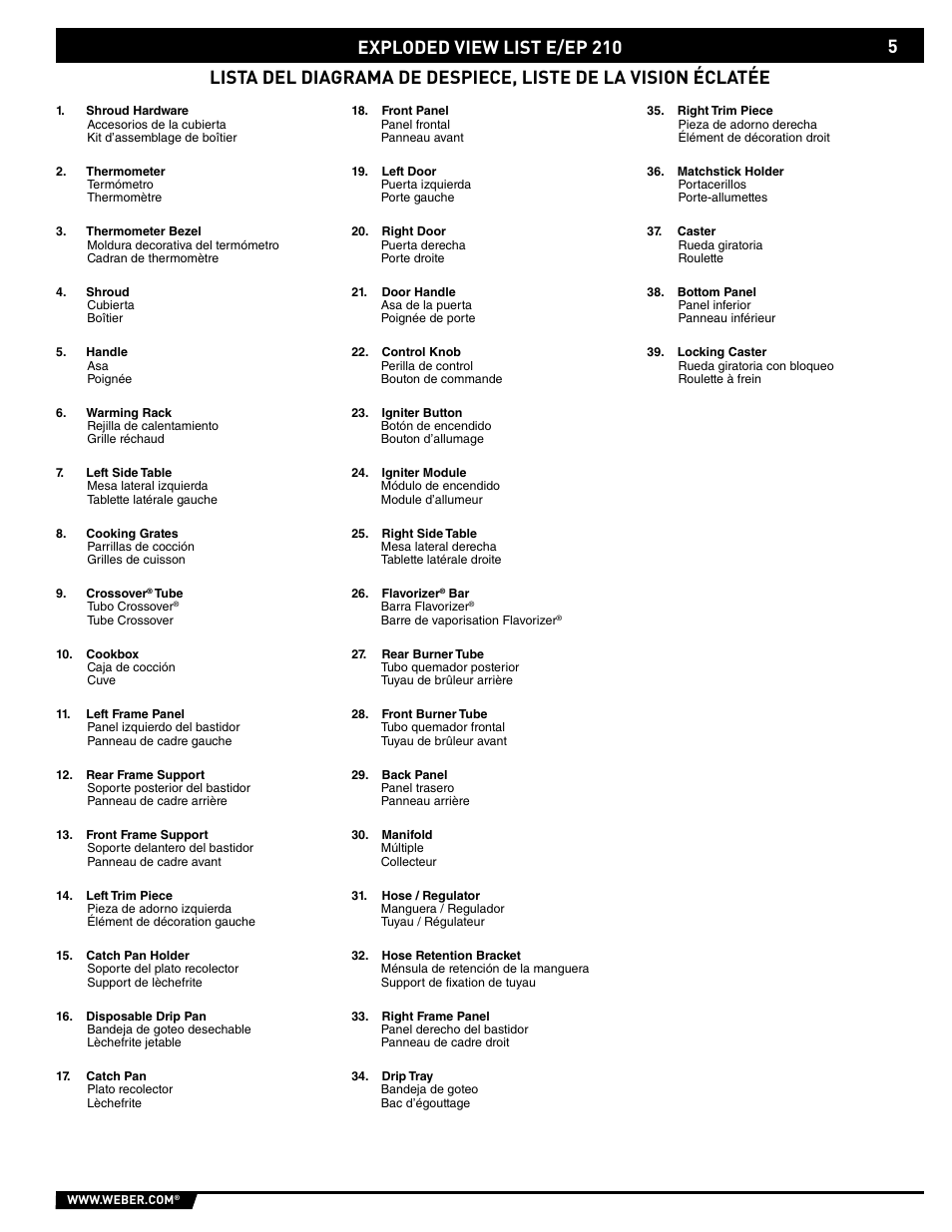 Exploded view list e/ep 210 | weber E/EP - 210/310 User Manual | Page 5 / 48