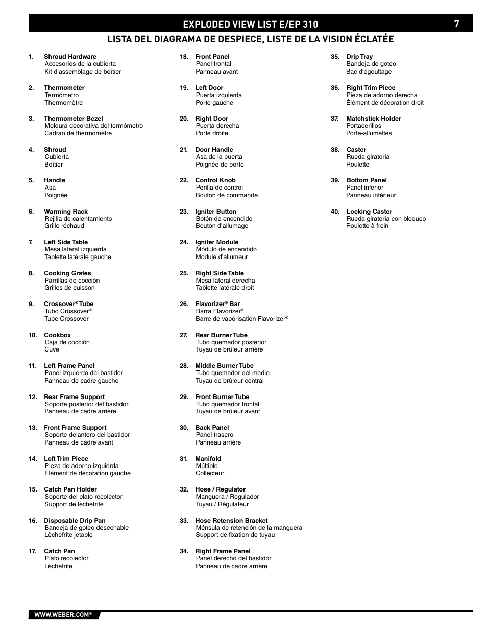 Exploded view list e/ep 310 | weber E/EP - 210/310 User Manual | Page 7 / 48