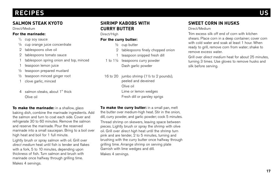 Recipes us, Salmon steak kyoto, Shrimp kabobs with curry butter | Sweet corn in husks | weber Charcoal & Go-Anywhere Grill None User Manual | Page 15 / 17