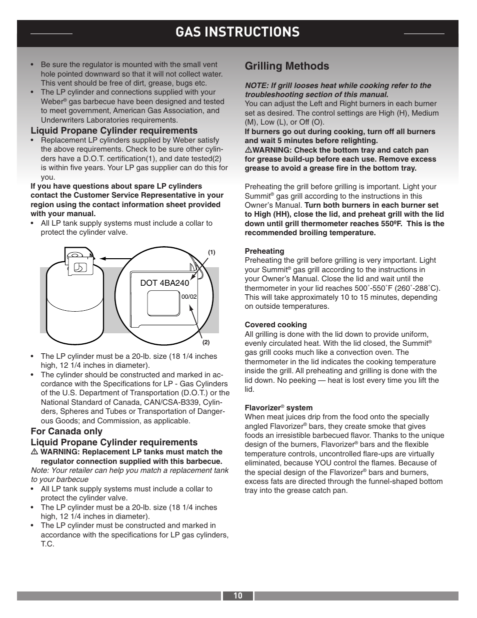 Gas instructions, Grilling methods | weber 42371 User Manual | Page 10 / 19