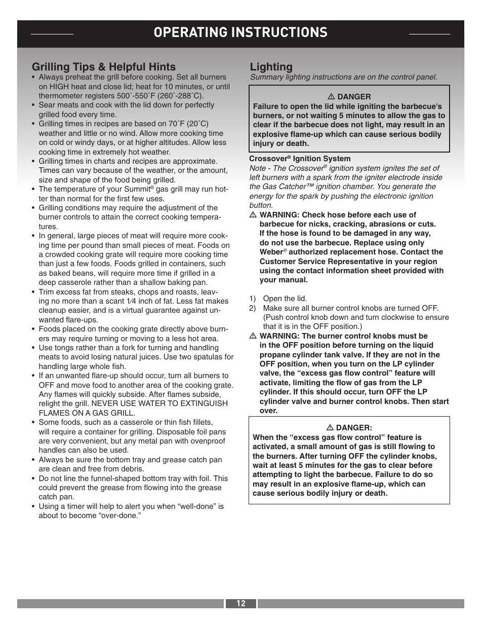 Operating instructions, Grilling tips & helpful hints, Lighting | weber 42371 User Manual | Page 12 / 19