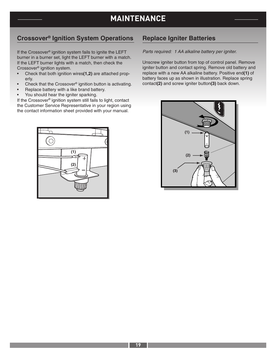 Maintenance, Crossover, Ignition system operations | Replace igniter batteries | weber 42371 User Manual | Page 19 / 19