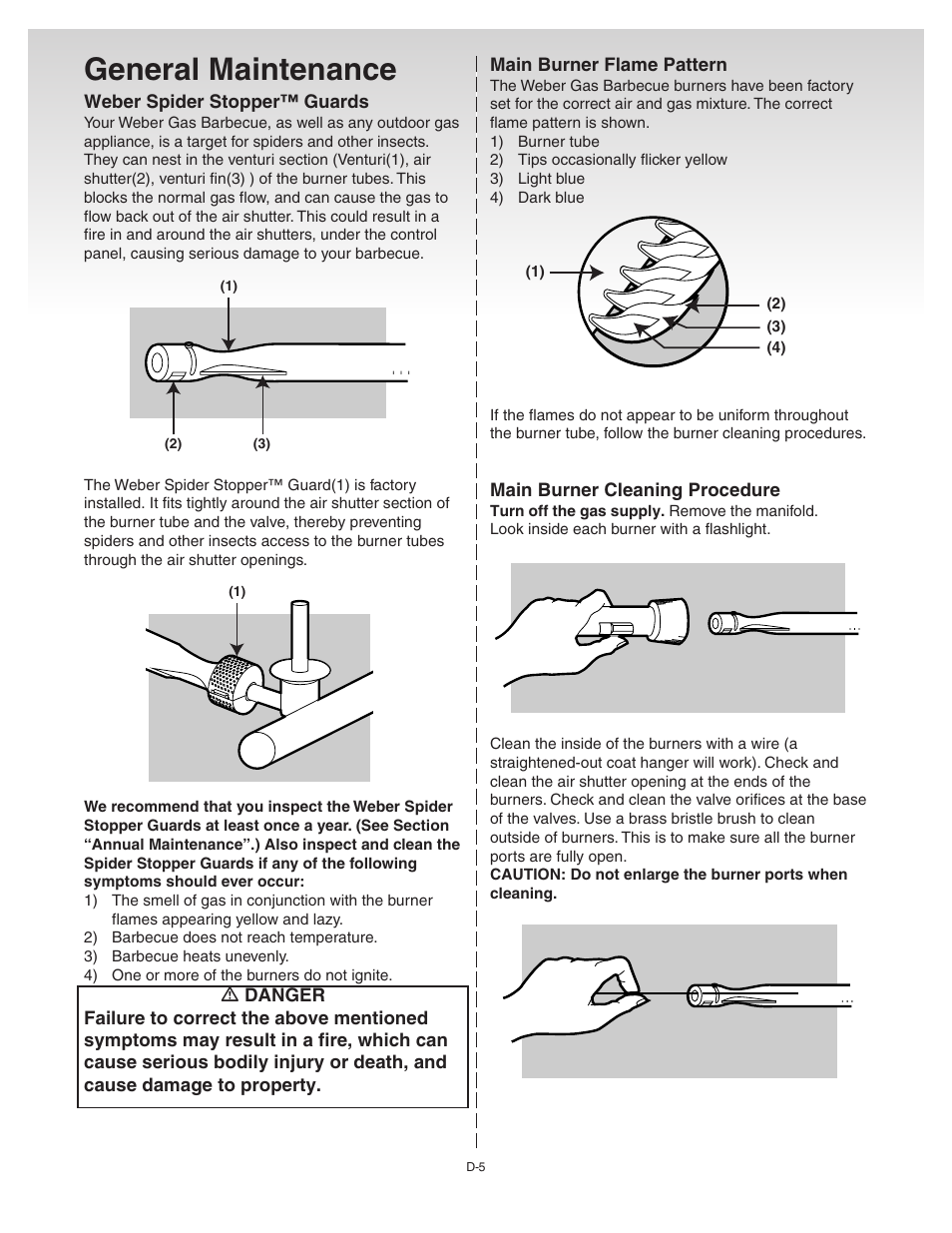General maintenance, Main burner flame pattern, Main burner cleaning procedure | weber Platinum B User Manual | Page 21 / 24