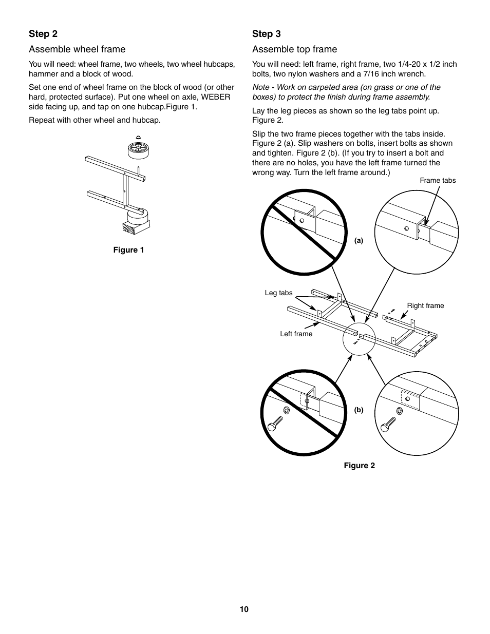 Assemble wheel frame, Assemble top frame, Step 2 assemble wheel frame | Step 3 assemble top frame | weber 730 Series User Manual | Page 10 / 36