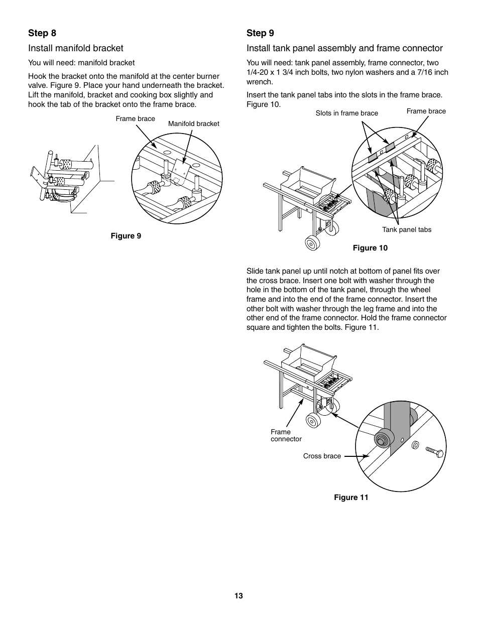 Install manifold bracket, Install tank panel assembly and frame connector | weber 730 Series User Manual | Page 13 / 36