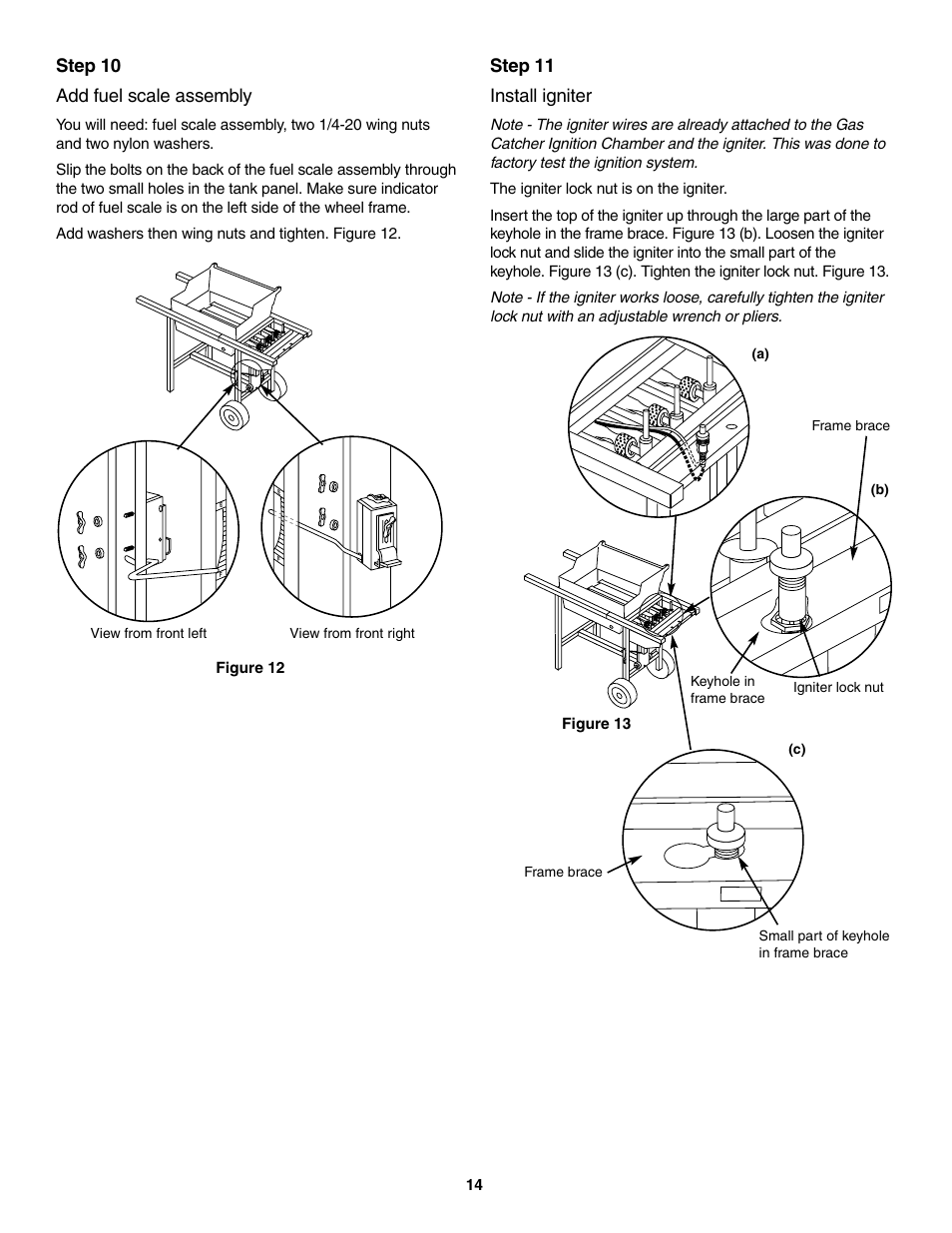 Add fuel scale assembly, Install igniter, Step 10 add fuel scale assembly | Step 11 install igniter | weber 730 Series User Manual | Page 14 / 36