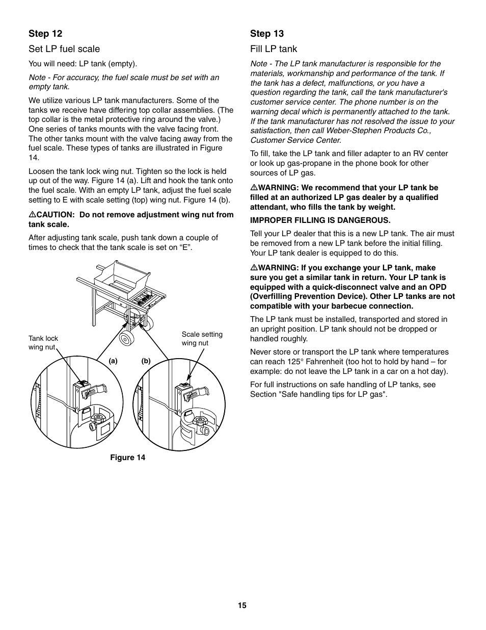 Set lp fuel scale, Fill lp tank, Step 12 set lp fuel scale | Step 13 fill lp tank | weber 730 Series User Manual | Page 15 / 36