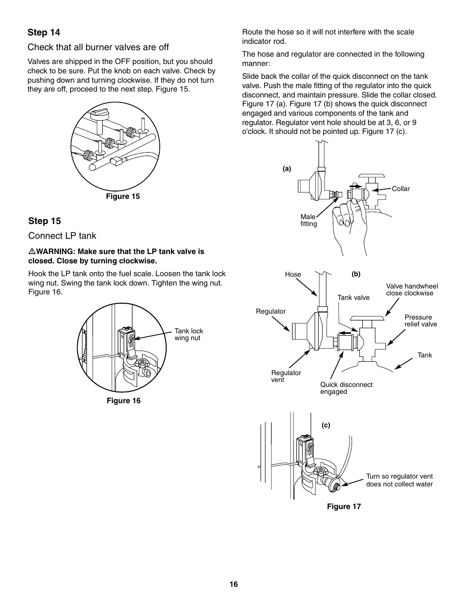 Check that all burner valves are off, Connect lp tank, Step 15 connect lp tank | Step 14 check that all burner valves are off | weber 730 Series User Manual | Page 16 / 36