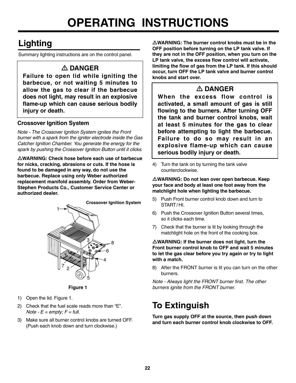 Operating instructions, Lighting, Crossover ignition system | To extinguish, Ƽ danger | weber 730 Series User Manual | Page 22 / 36