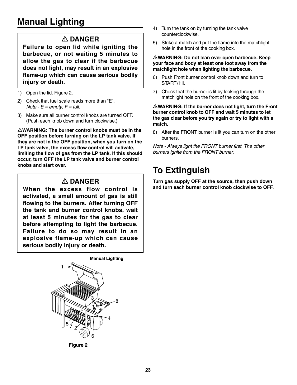 Manual lighting, To extinguish, Ƽ danger | weber 730 Series User Manual | Page 23 / 36