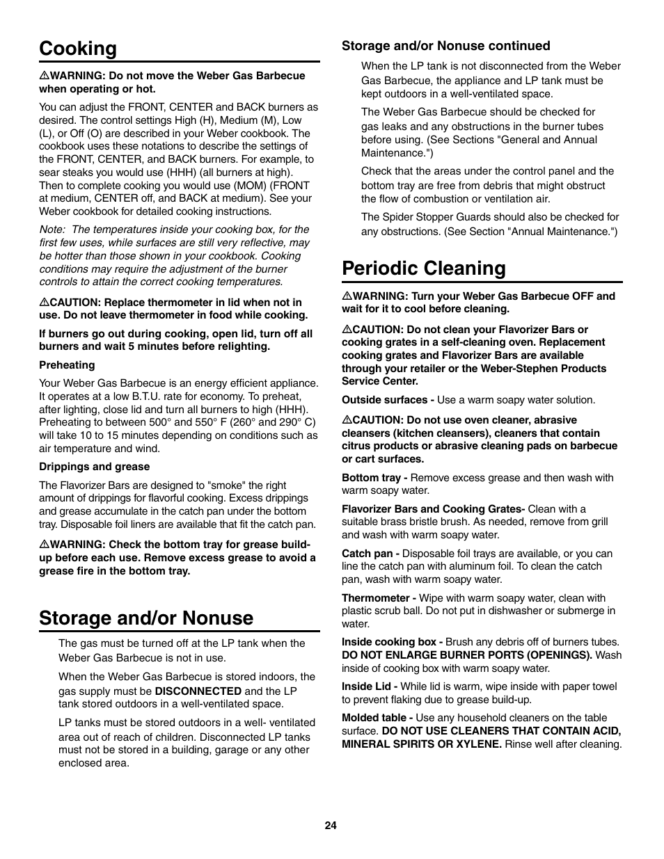 Cooking, Storage and/or nonuse, Periodic cleaning | weber 730 Series User Manual | Page 24 / 36