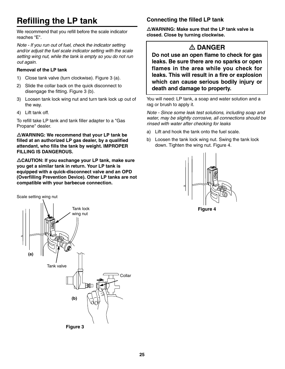 Refilling the lp tank, Removal of the lp tank, Connecting the filled lp tank | Ƽ danger | weber 730 Series User Manual | Page 25 / 36
