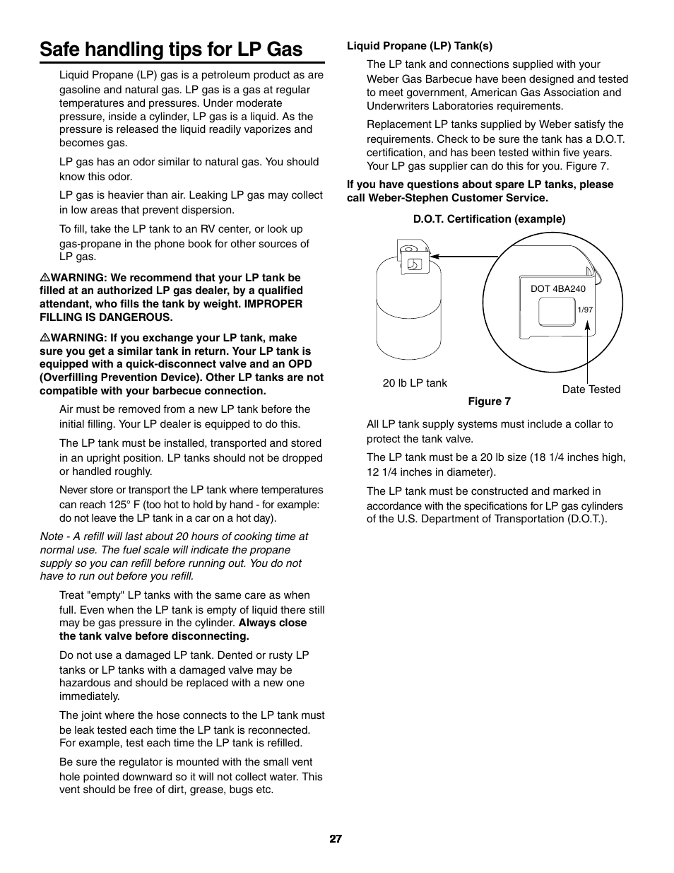 Safe handling tips for lp gas | weber 730 Series User Manual | Page 27 / 36